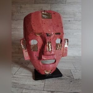 Mexican Handmade Mayan Aztec Art Stone Pink Mosaic Abalone Mask Decor 8.5"